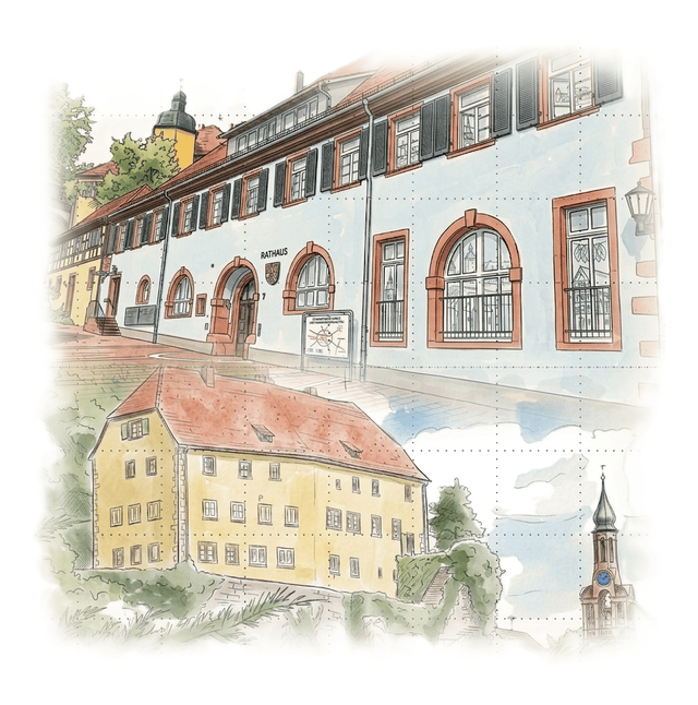 Man sieht ein durch die KI von Nano Banana 2 erstelltes künstlerisch gemaltes Bild vom Rathaus und Schloss in Mahlberg.