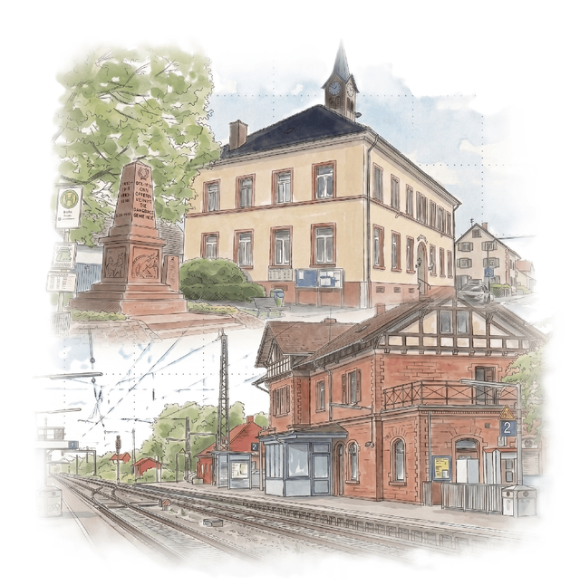 Man sieht ein durch die KI von Nano Banana 2 erstelltes künstlerisch gemaltes Bild von der Ortsverwaltung und dem Bahnhof in Orschweier.